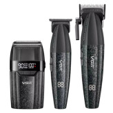 مجموعه 3 عددی ماشین اصلاح موی سر و صورت وی جی ار مدل V-640 s3 با موتور 19000 دور در دقیقه، تیغههای استیل پیشرفته DLC، ریشتراش فویلی تیتانیوم، 9 شانه تنظیم اندازه اصلاح و نمایشگر LED