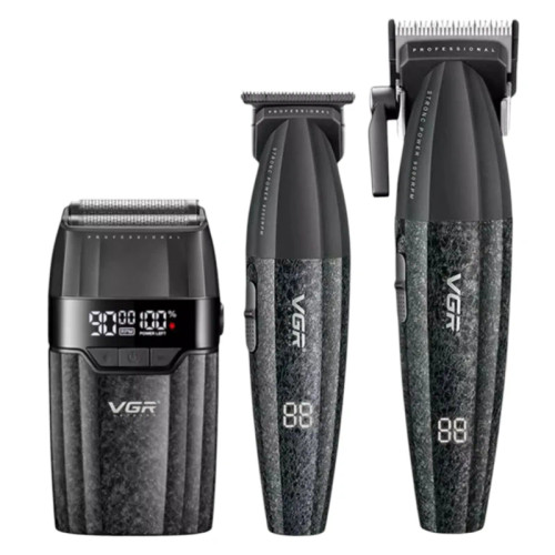 مجموعه 3 عددی ماشین اصلاح موی سر و صورت وی جی ار مدل V-640 s3 با موتور 19000 دور در دقیقه، تیغههای استیل پیشرفته DLC، ریشتراش فویلی تیتانیوم، 9 شانه تنظیم اندازه اصلاح و نمایشگر LED