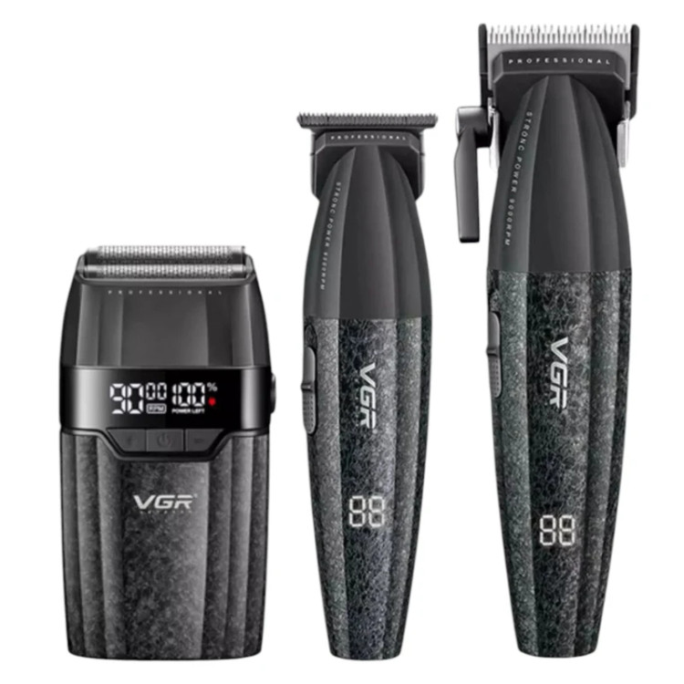 مجموعه 3 عددی ماشین اصلاح موی سر و صورت وی جی ار مدل V-640 s3 با موتور 19000 دور در دقیقه، تیغههای استیل پیشرفته DLC، ریشتراش فویلی تیتانیوم، 9 شانه تنظیم اندازه اصلاح و نمایشگر LED